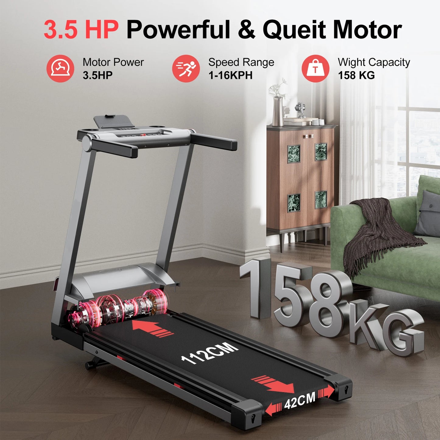 Foldable Treadmill with 6% Incline and 3.5HP Motor | 0.6–10 MPH, 350 lb Capacity, Bluetooth App & 7.9-Inch Folded Height