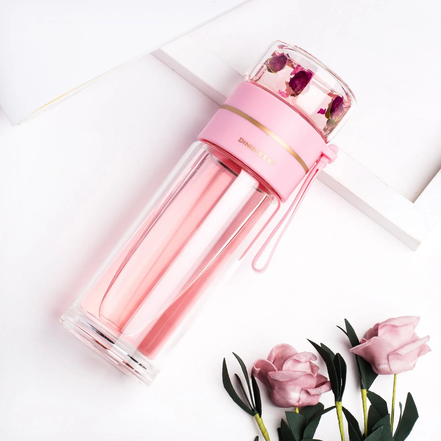 13.5 oz Glass Tea Infuser Bottle | Double-Wall Borosilicate Tumbler with Removable Stainless Steel Filter & Leak-Resistant Lid Pink