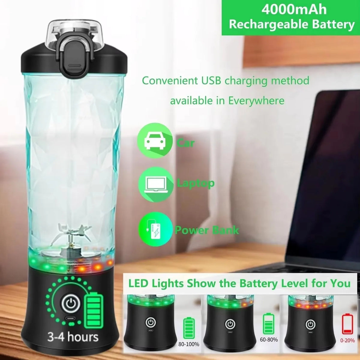 Portable Blender for Smoothies, 600 ml, USB-C Rechargeable, 6 Blades