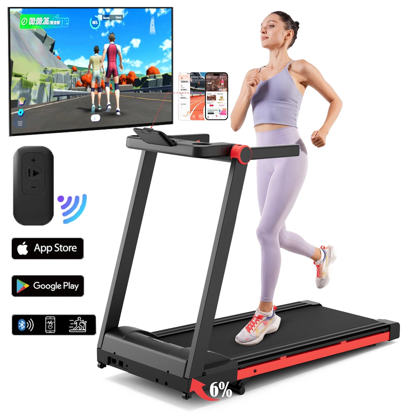 Foldable Treadmill with 6% Incline and 3.5HP Motor | 0.6–10 MPH, 350 lb Capacity, Bluetooth App & 7.9-Inch Folded Height Black