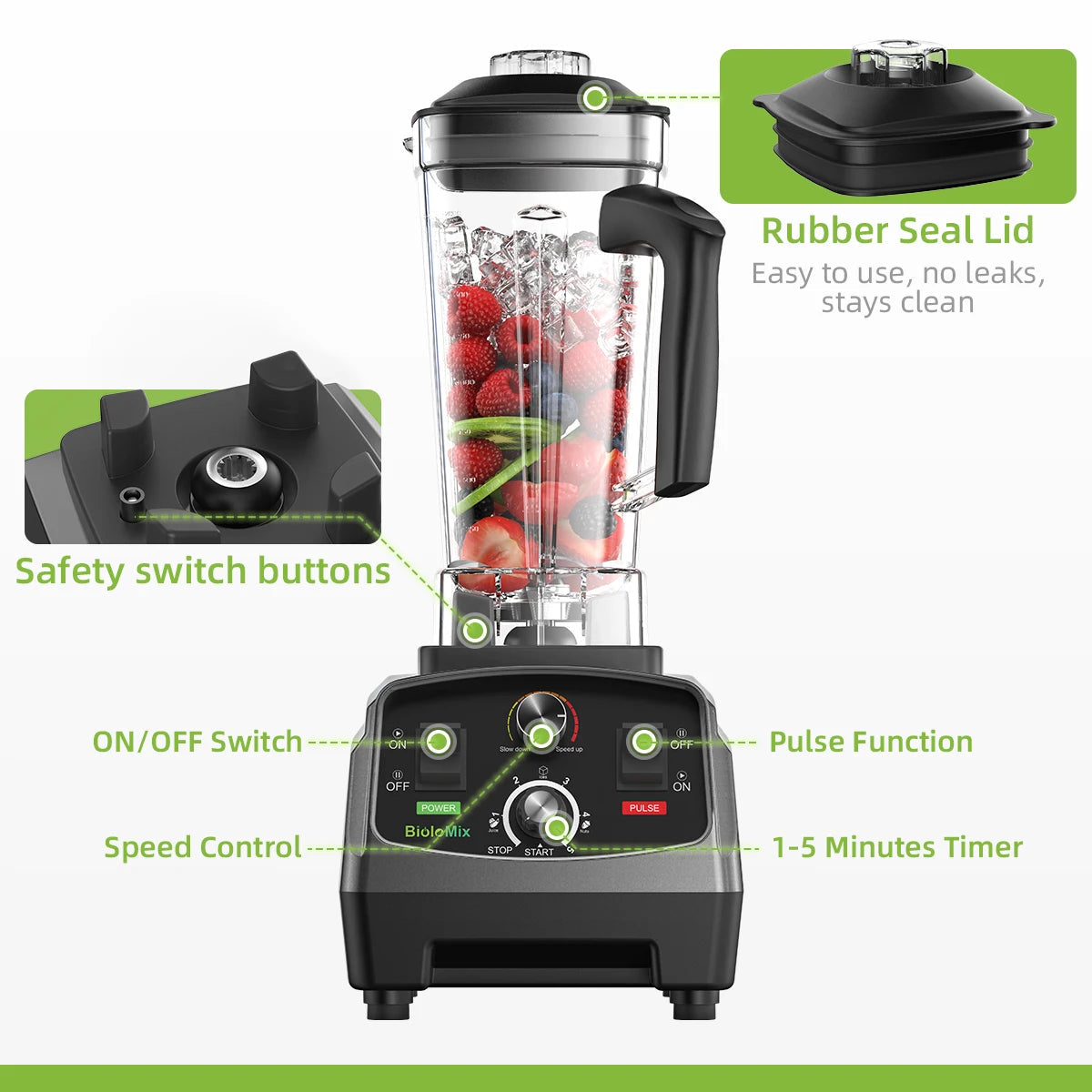 Professional Countertop Blender 2200W | 2L Jar, 6-Blade System, Timer, Ice Crushing