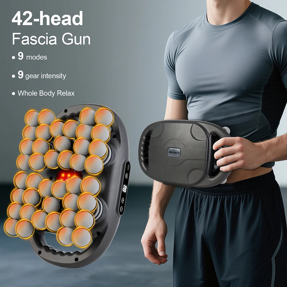 42-Head Deep Tissue Massage Gun with Red Light Heat | 9 Modes, 9 Intensities & Dual-Handle Full Body Fascia Massager
