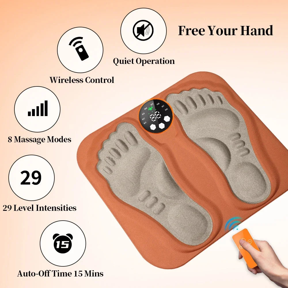 EMS Foot Massager Mat with Remote | 8 Modes, 29 Intensity Levels, Rechargeable Control & Body Electrode Pads
