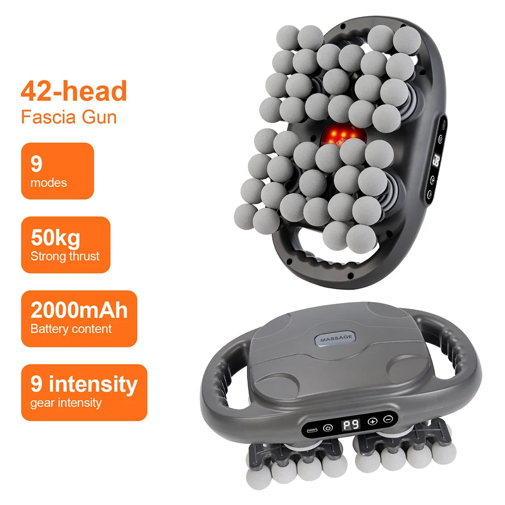 42-Head Deep Tissue Massage Gun with Red Light Heat | 9 Modes, 9 Intensities & Dual-Handle Full Body Fascia Massager
