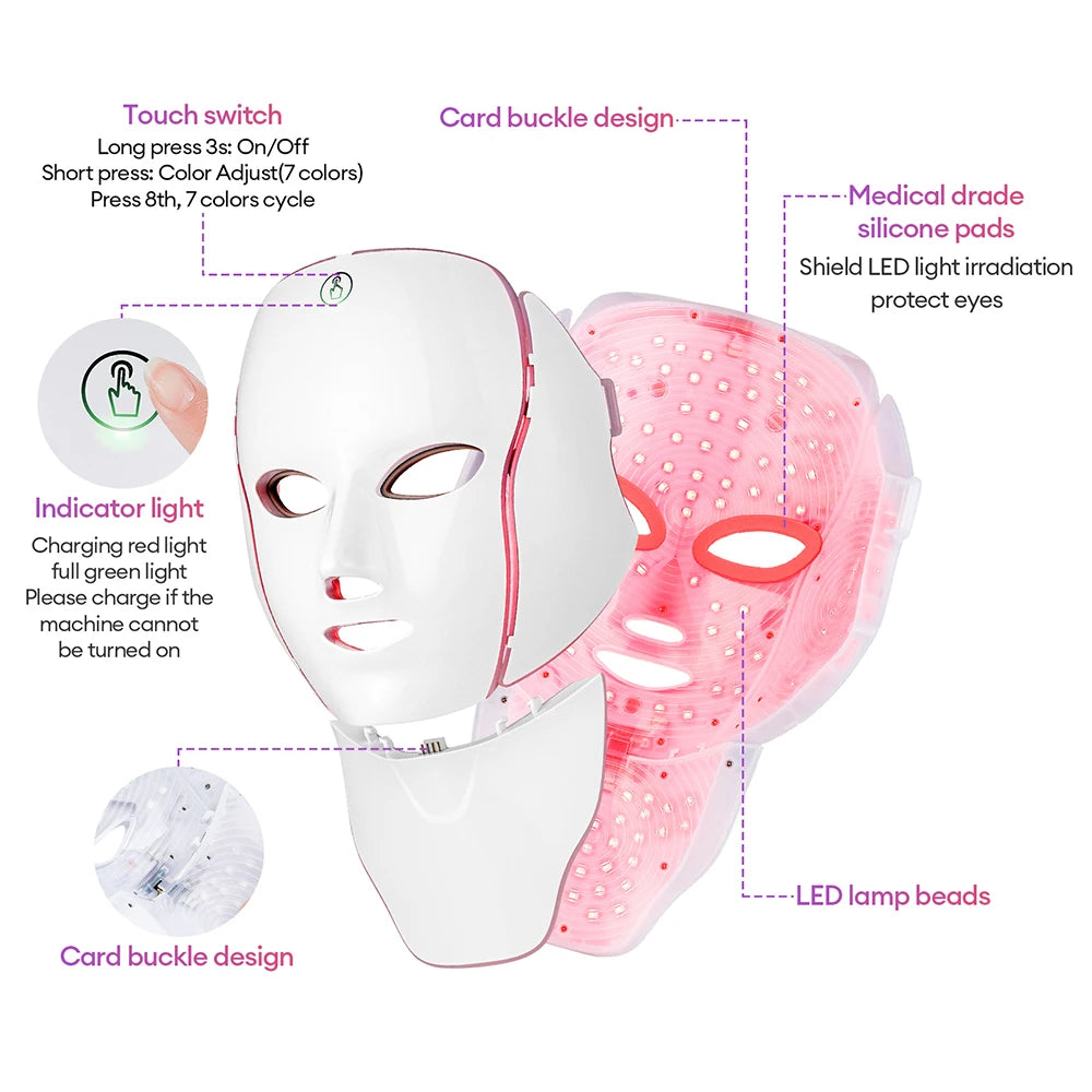 LED Face Mask with Neck Light Therapy | 7-Color Red Light Therapy Mask for Skin Firming, Wrinkles, Pores & Acne Care