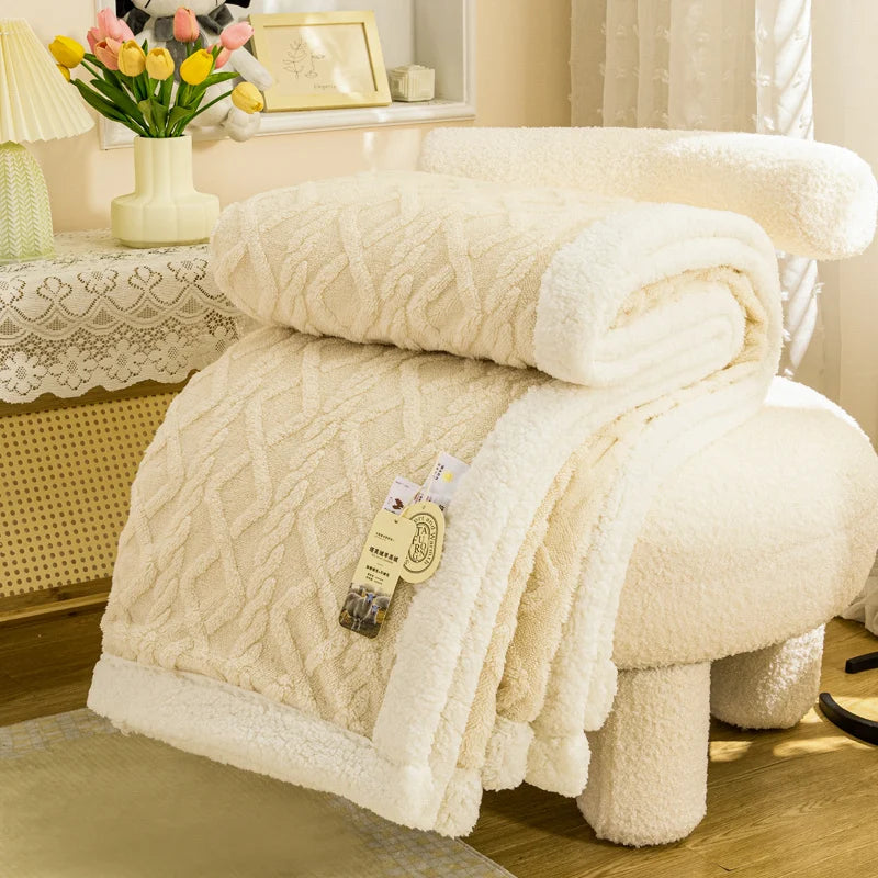 Textured Fleece Blanket with Sherpa-Style Backing Creamy White