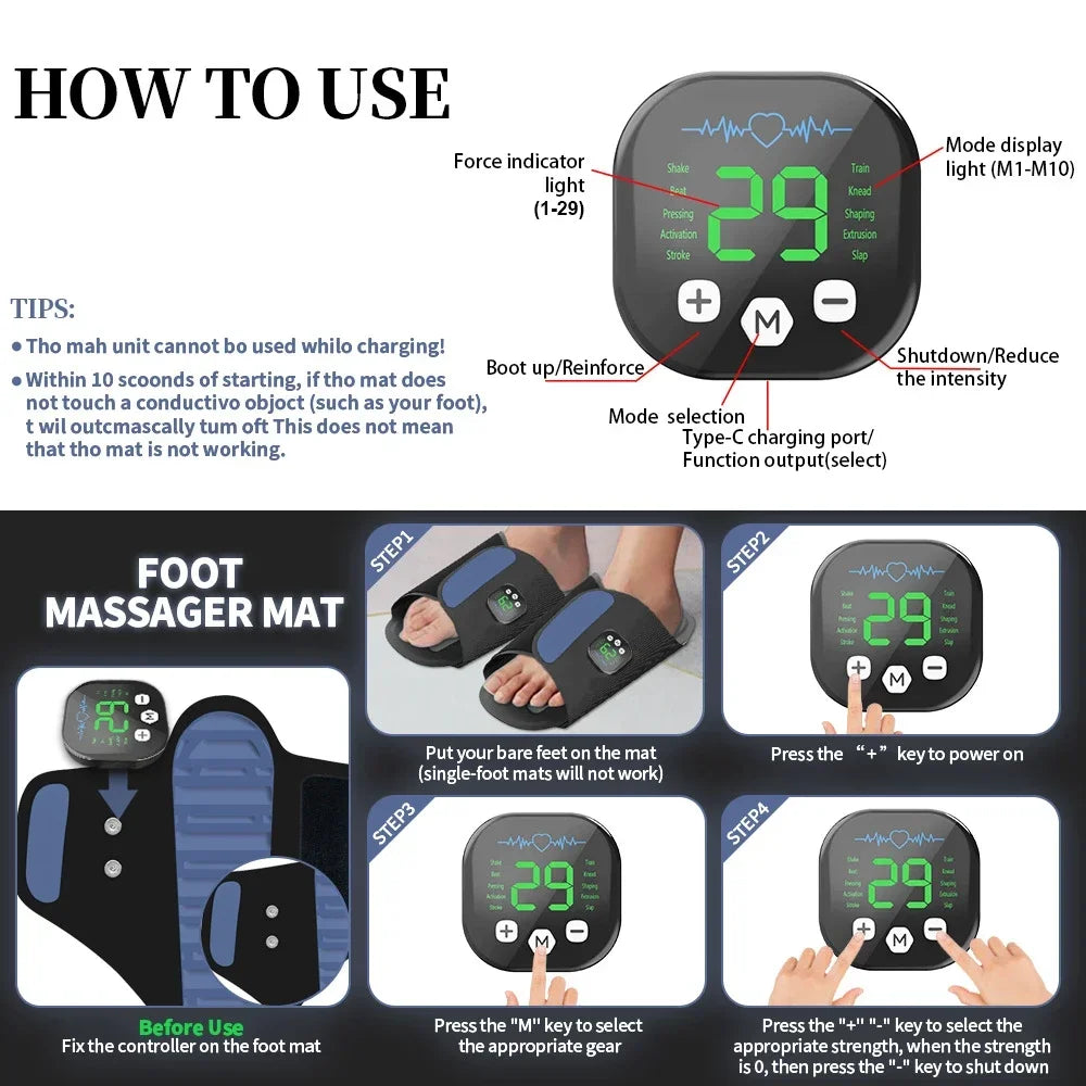 EMS Foot Massager Slippers with Remote | 10 Modes, 29 Intensity Levels, 4 Electrode Pads & USB-C Rechargeable Control