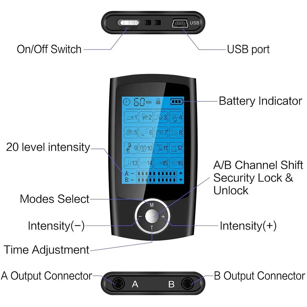 Portable TENS & EMS Pain Relief Massager | Dual Channel Muscle Stimulator with 16 Modes, 10 Intensity Levels, Rechargeable for Back & Neck Pain