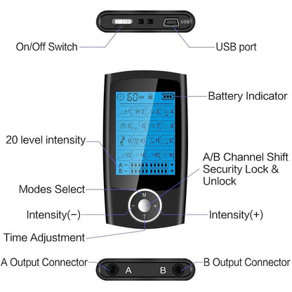 Portable TENS & EMS Pain Relief Massager | Dual Channel Muscle Stimulator with 16 Modes, 10 Intensity Levels, Rechargeable for Back & Neck Pain
