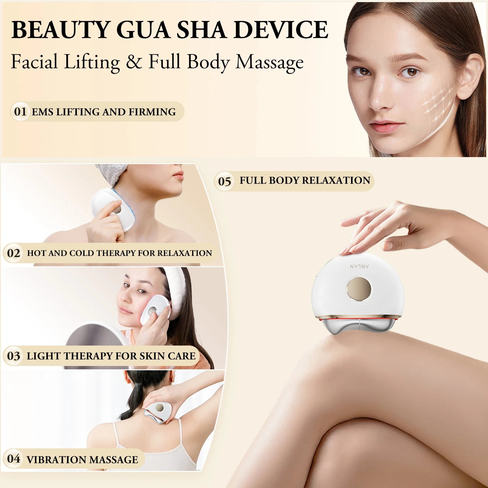 Electric Gua Sha Facial Massager with EMS and Hot/Cold Care | 3-Color LED, 3 Intensities, USB-C & 10-Minute Auto-Off