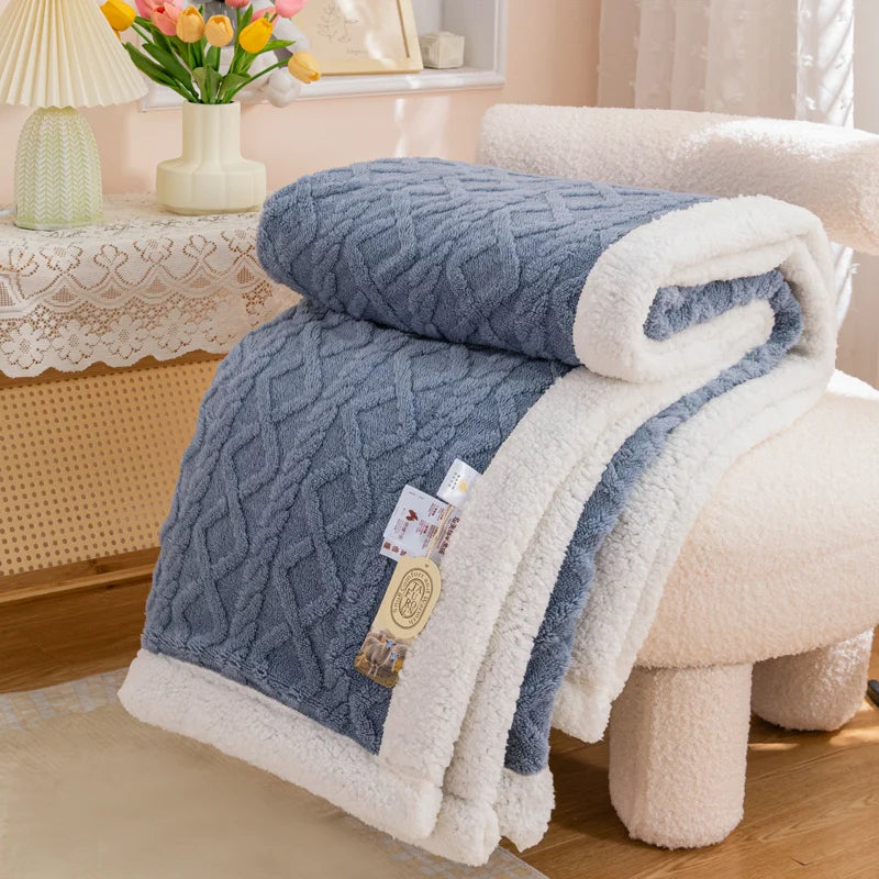 Textured Fleece Blanket with Sherpa-Style Backing Blue