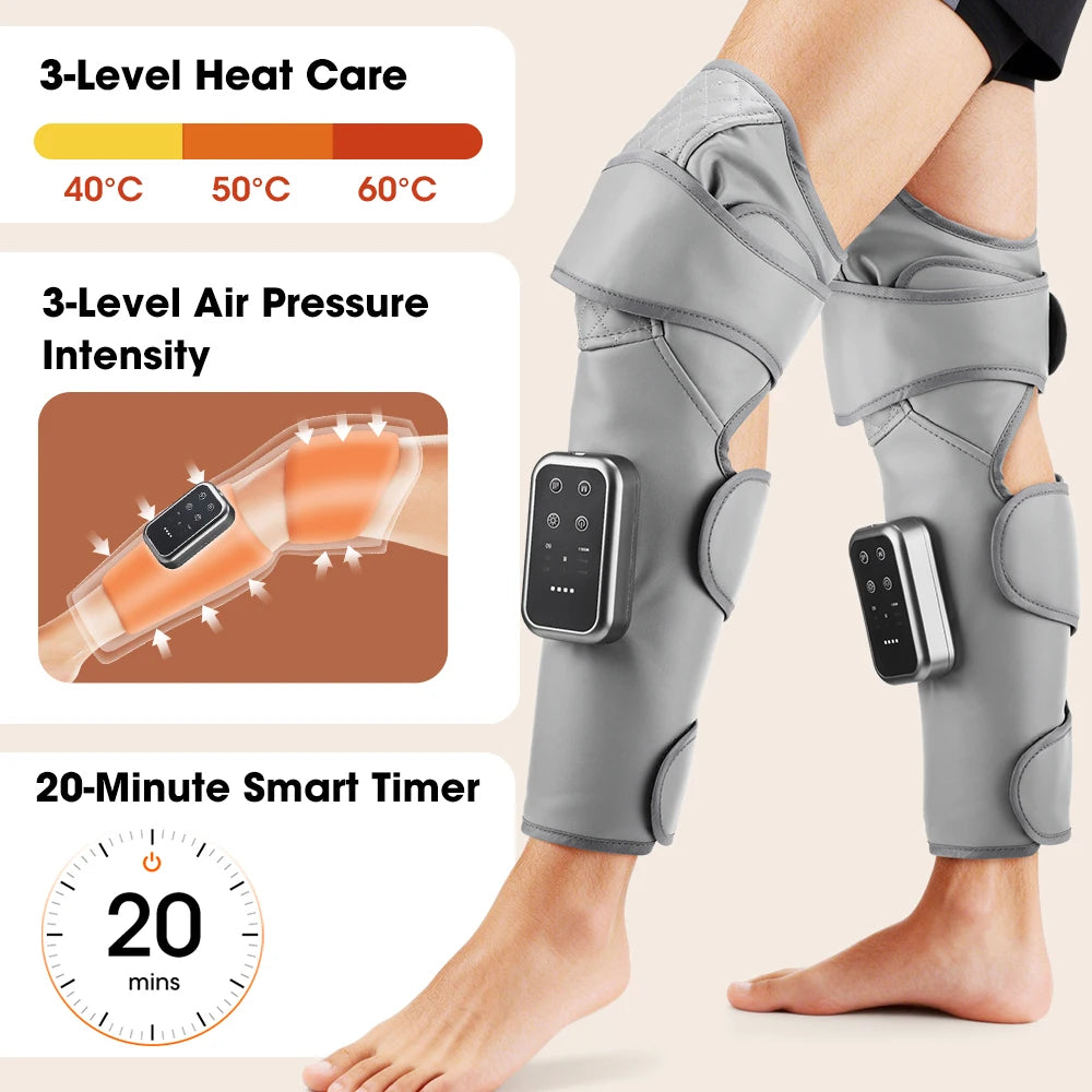 Calf and Knee Massager with Heat and Air Compression | Cordless Leg Wrap with 3 Heat Levels and Adjustable Pressure