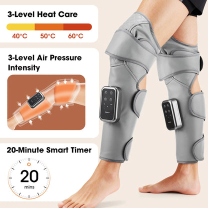 Calf and Knee Massager with Heat and Air Compression | Cordless Leg Wrap with 3 Heat Levels and Adjustable Pressure