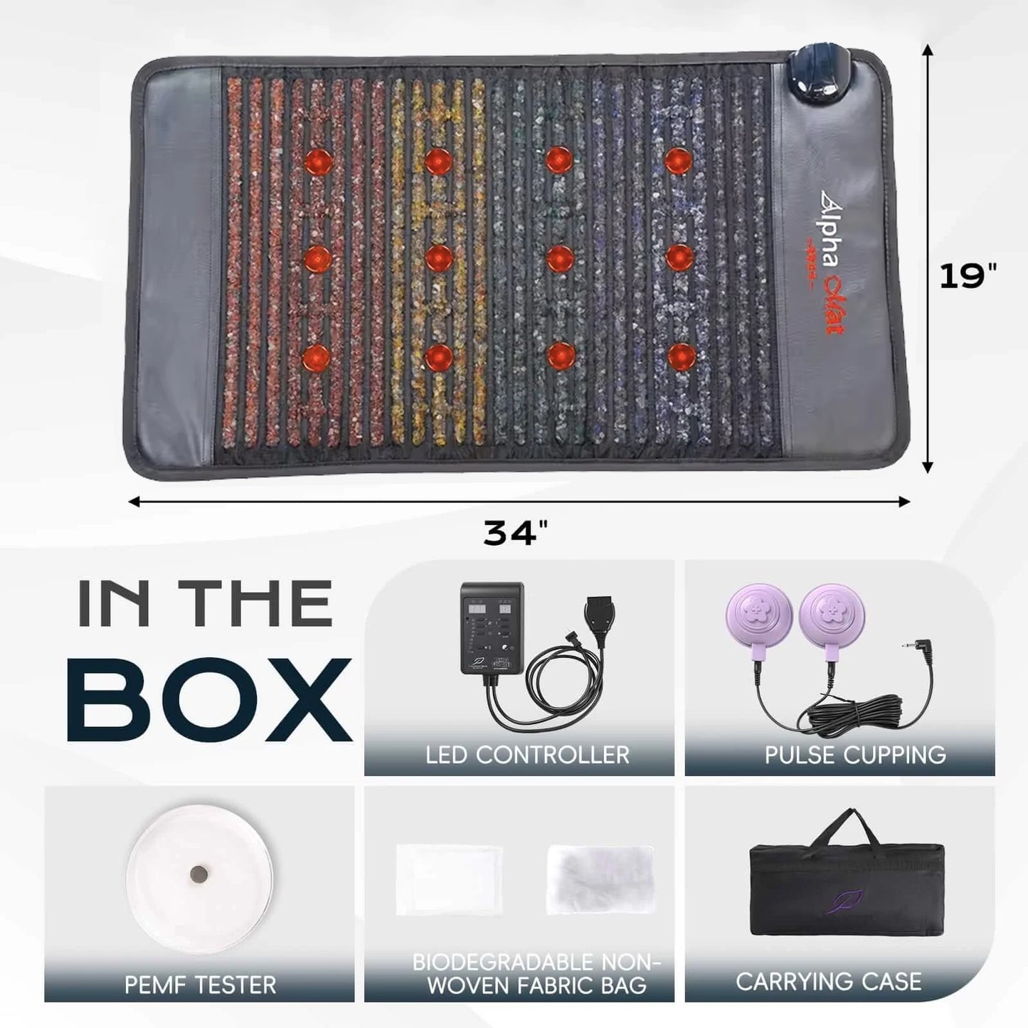 PEMF Red Light Infrared Heating Mat 19 x 34 in | 660nm LEDs, Amethyst, Tourmaline & Jade, 85–159°F