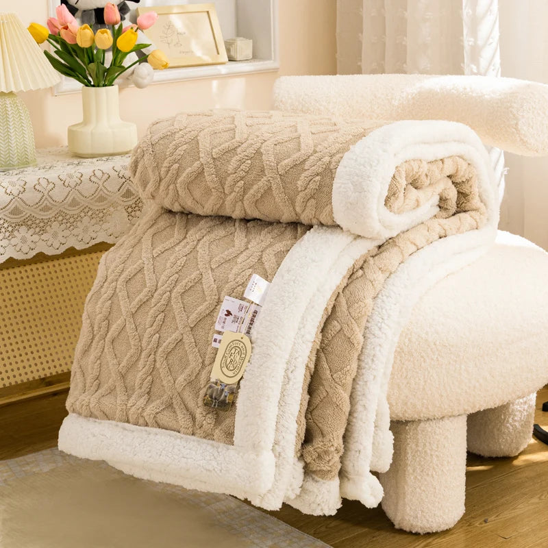 Textured Fleece Blanket with Sherpa-Style Backing Khaki