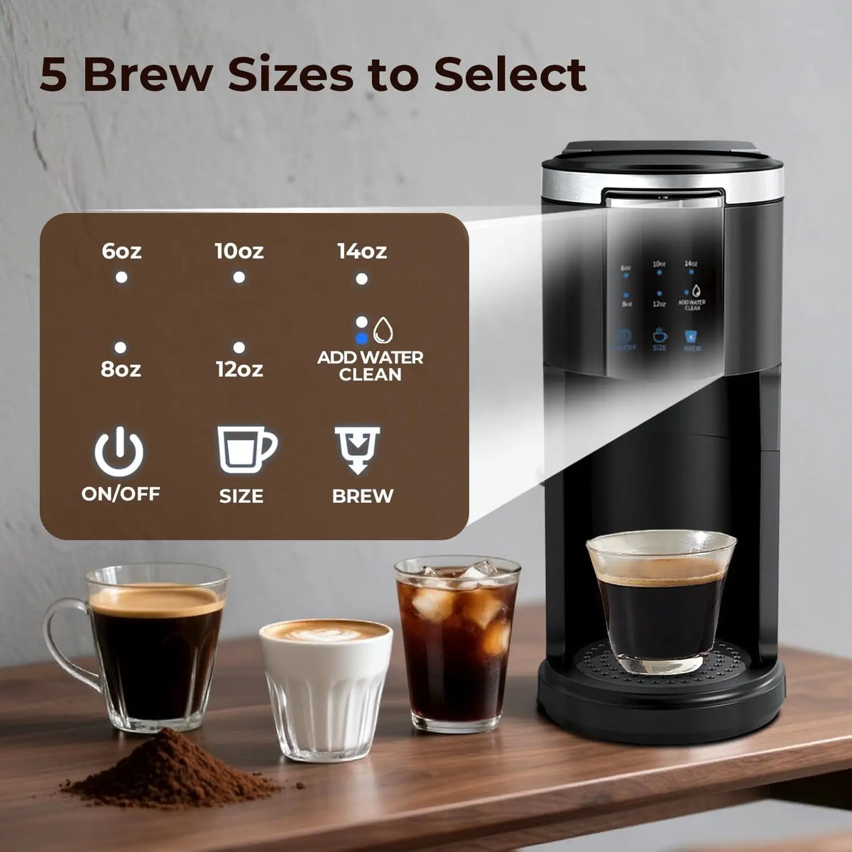 Single-Serve Coffee Maker for Pods and Grounds, 40 fl oz Tank