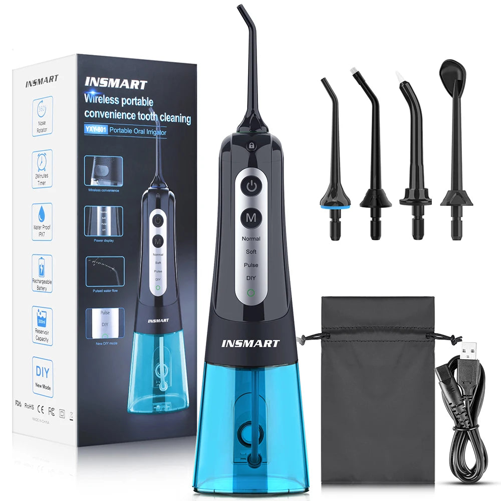 Cordless Water Flosser | Portable Oral Irrigator for Teeth & Gums | Rechargeable, IPX7 Waterproof, 4 Modes, 5 Tips | Deep Dental Cleaning Device Black Blue