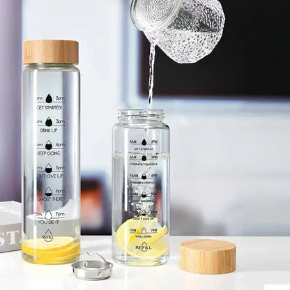 Glass Water Bottle with Time Markings | Borosilicate, Leakproof Bamboo Lid | Eco-Friendly, BPA-Free, Reusable Hydration Bottle 24oz / 32oz