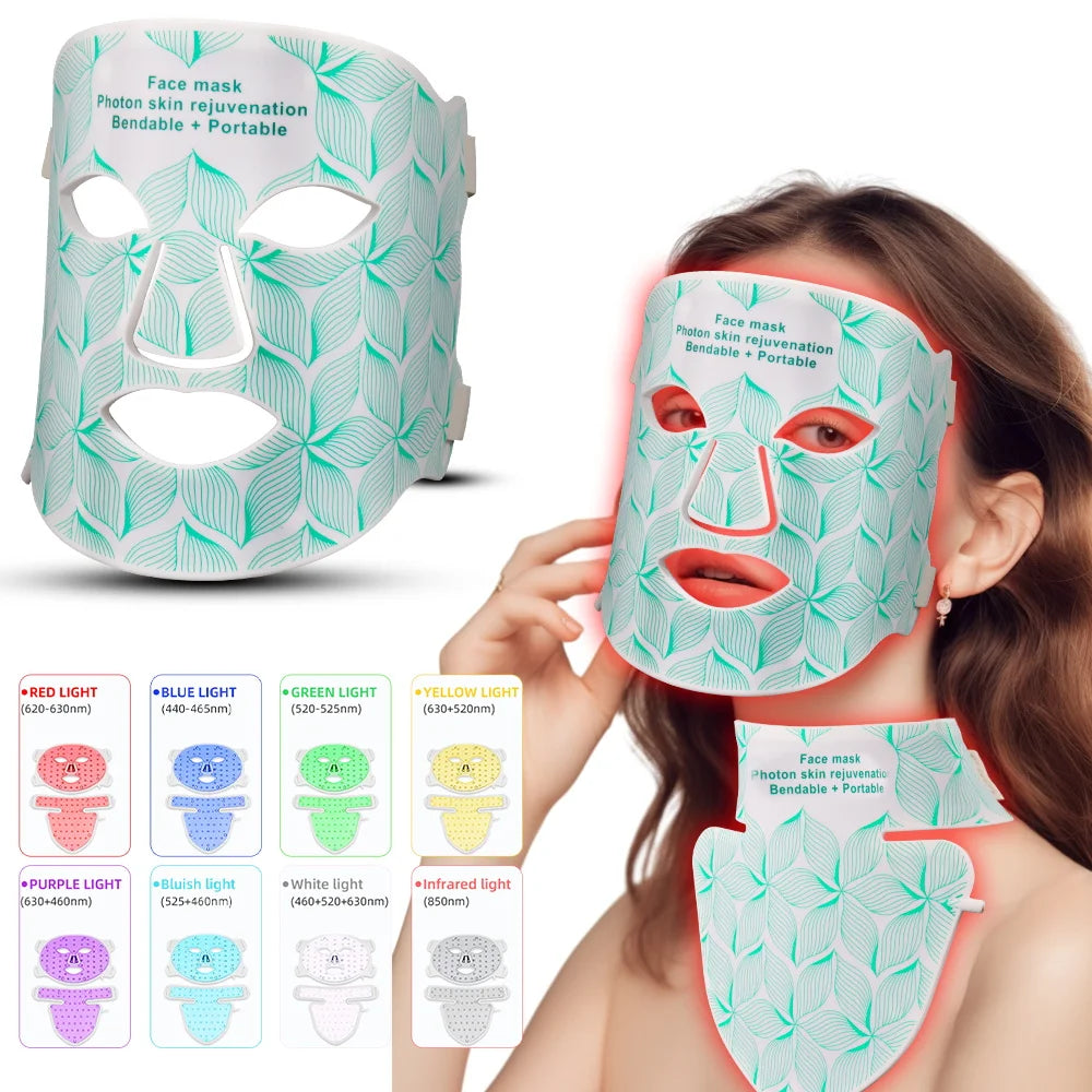 LED Face Mask with Neck Light Therapy | 8-Color Red Light Therapy Mask for Skin Firming, Wrinkles & Acne Care