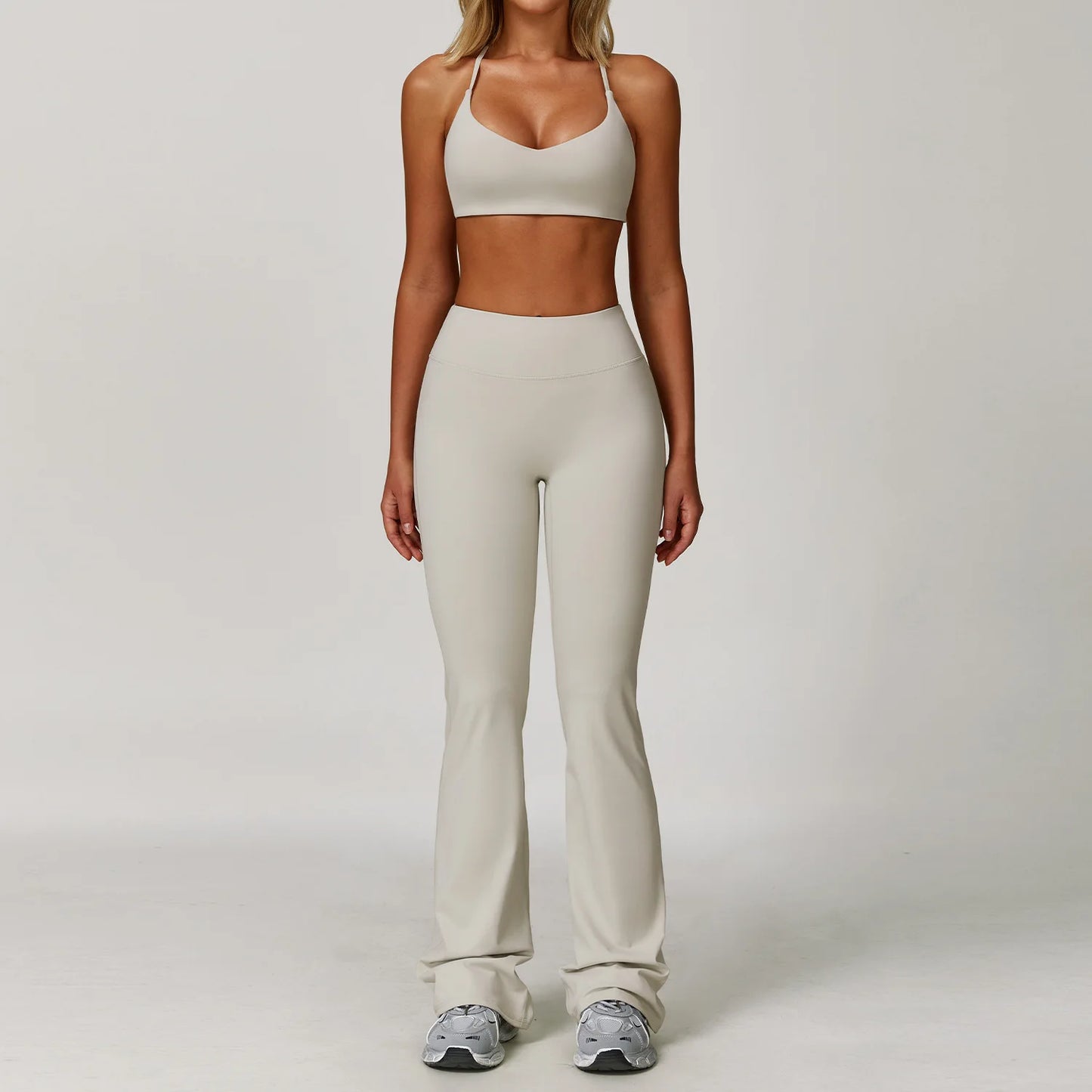 Seamless Yoga Set for Women | Long Sleeve Sports Bra and Leggings Workout Set with Breathable Stretch Fabric Grey Apricot 2PCS-1