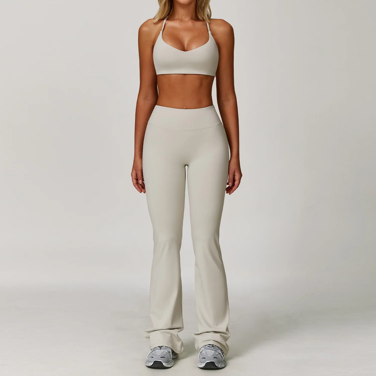 Seamless Yoga Set for Women | Long Sleeve Sports Bra and Leggings Workout Set with Breathable Stretch Fabric Grey Apricot 2PCS-1