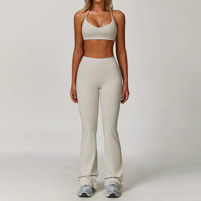 Seamless Yoga Set for Women | Long Sleeve Sports Bra and Leggings Workout Set with Breathable Stretch Fabric Grey Apricot 2PCS-1