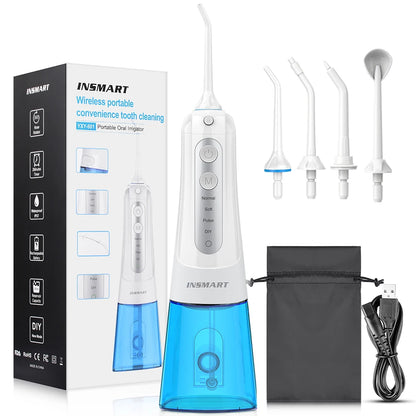 Cordless Water Flosser | Portable Oral Irrigator for Teeth & Gums | Rechargeable, IPX7 Waterproof, 4 Modes, 5 Tips | Deep Dental Cleaning Device White Blue