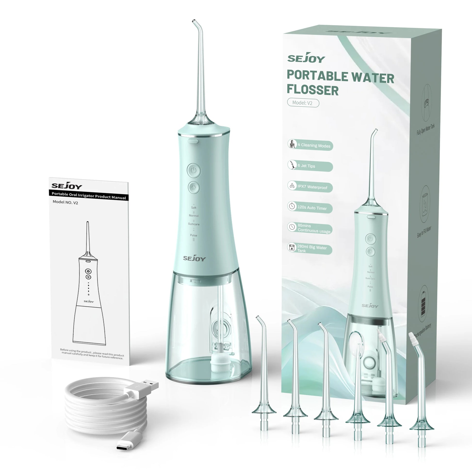 Cordless Water Flosser | 280ml Portable Oral Irrigator | 4 Modes, 6 Tips, USB Rechargeable | 30-Day Battery & IPX7 Waterproof for Deep Dental Cleaning