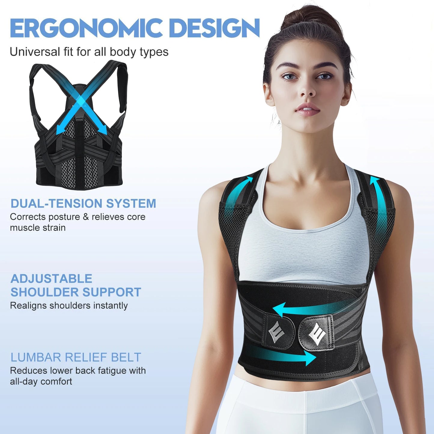Posture Corrector Brace | Adjustable Back Support with Spine Alignment Rods for Back Pain, Slouching & Shoulder Support