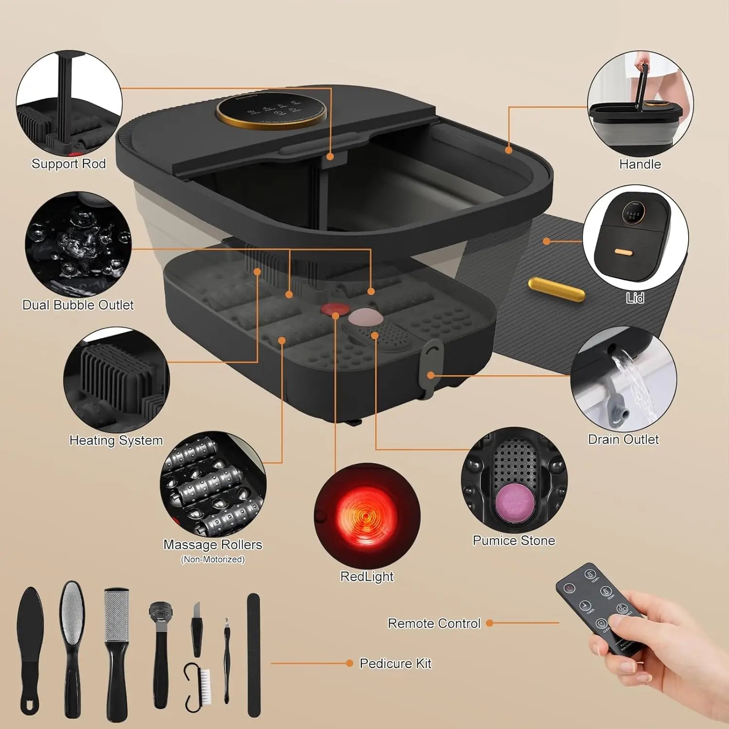 Heated Foot Spa Bath Massager with Bubbles, Temperature Control, Remote & Pedicure Kit | Foot Soaker Tub for Home Use