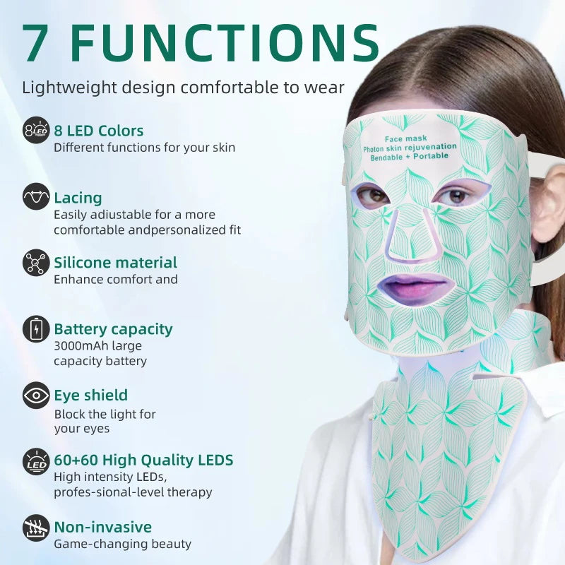 LED Face Mask with Neck Light Therapy | 8-Color Red Light Therapy Mask for Skin Firming, Wrinkles & Acne Care