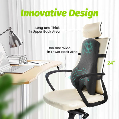 24-Inch Memory Foam Lumbar Support Pillow | Full Back Cushion with Breathable Mesh, Dual Chair Straps & Non-Slip Design