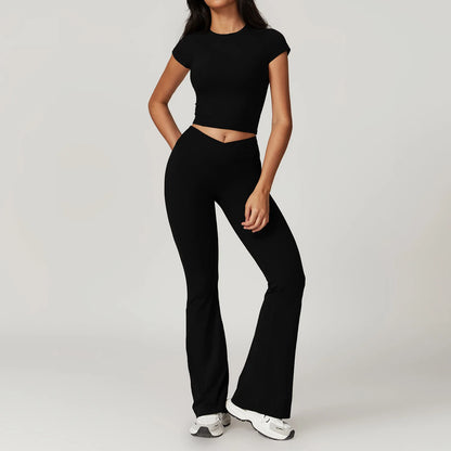 Yoga Set for Women | 2-Piece Short Sleeve Crop Top and High Waisted Leggings Workout Outfit with Quick-Dry Stretch Fabric Advanced Black Set-2