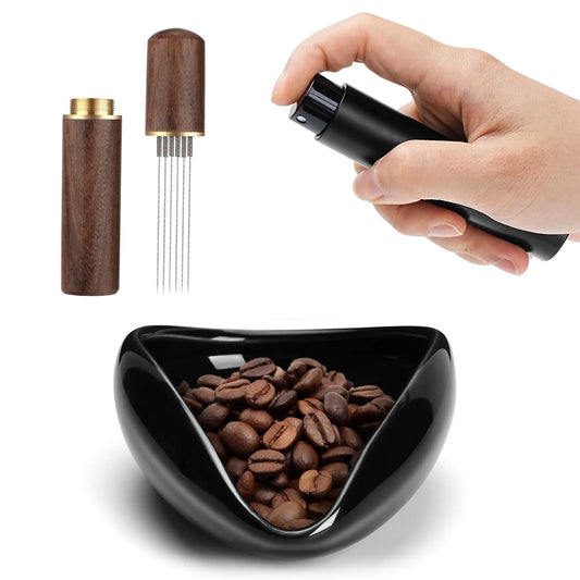 Coffee Bean Dosing Cup Set, Ceramic Bowl with WDT Tool and 10 ml Spray Bottle Black
