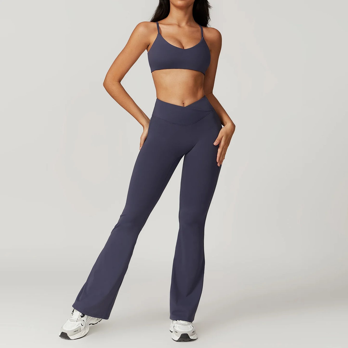 Yoga Set for Women | 2-Piece Short Sleeve Crop Top and High Waisted Leggings Workout Outfit with Quick-Dry Stretch Fabric Blue gray Set-4