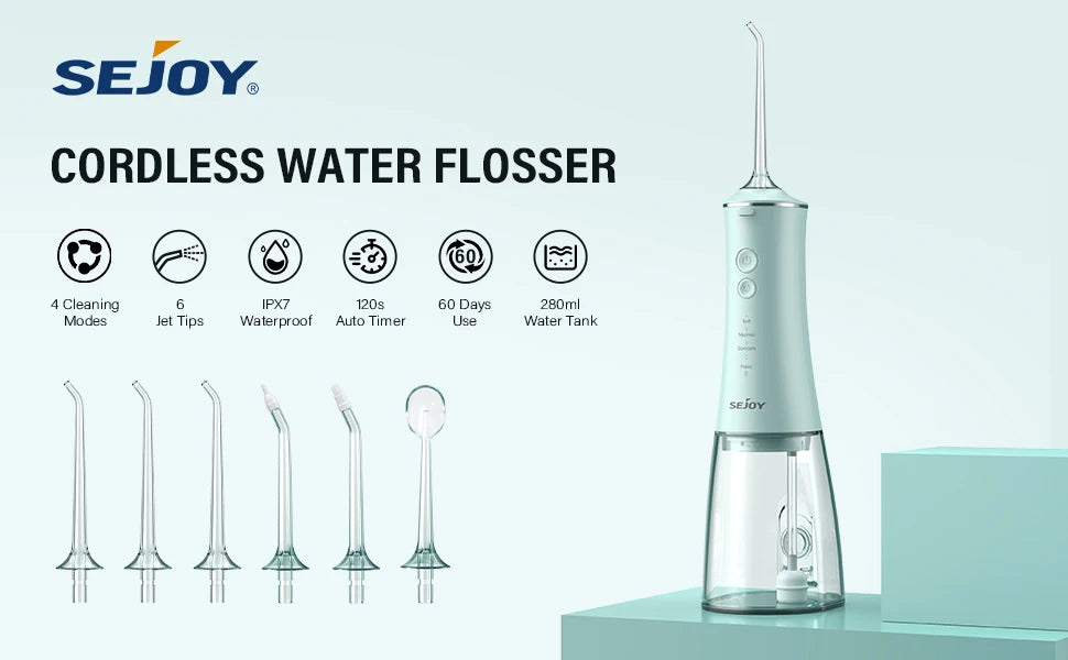 Cordless Water Flosser | 280ml Portable Oral Irrigator | 4 Modes, 6 Tips, USB Rechargeable | 30-Day Battery & IPX7 Waterproof for Deep Dental Cleaning