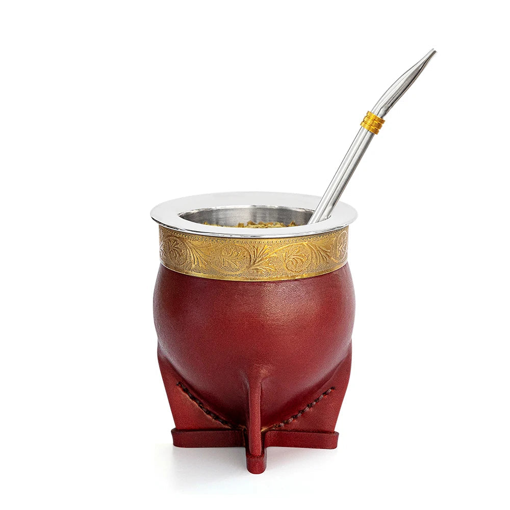 Premium Stainless Steel Yerba Mate Gourd Set | Gold Mate Cup with Bombilla Straw & Cleaning Brush Brown