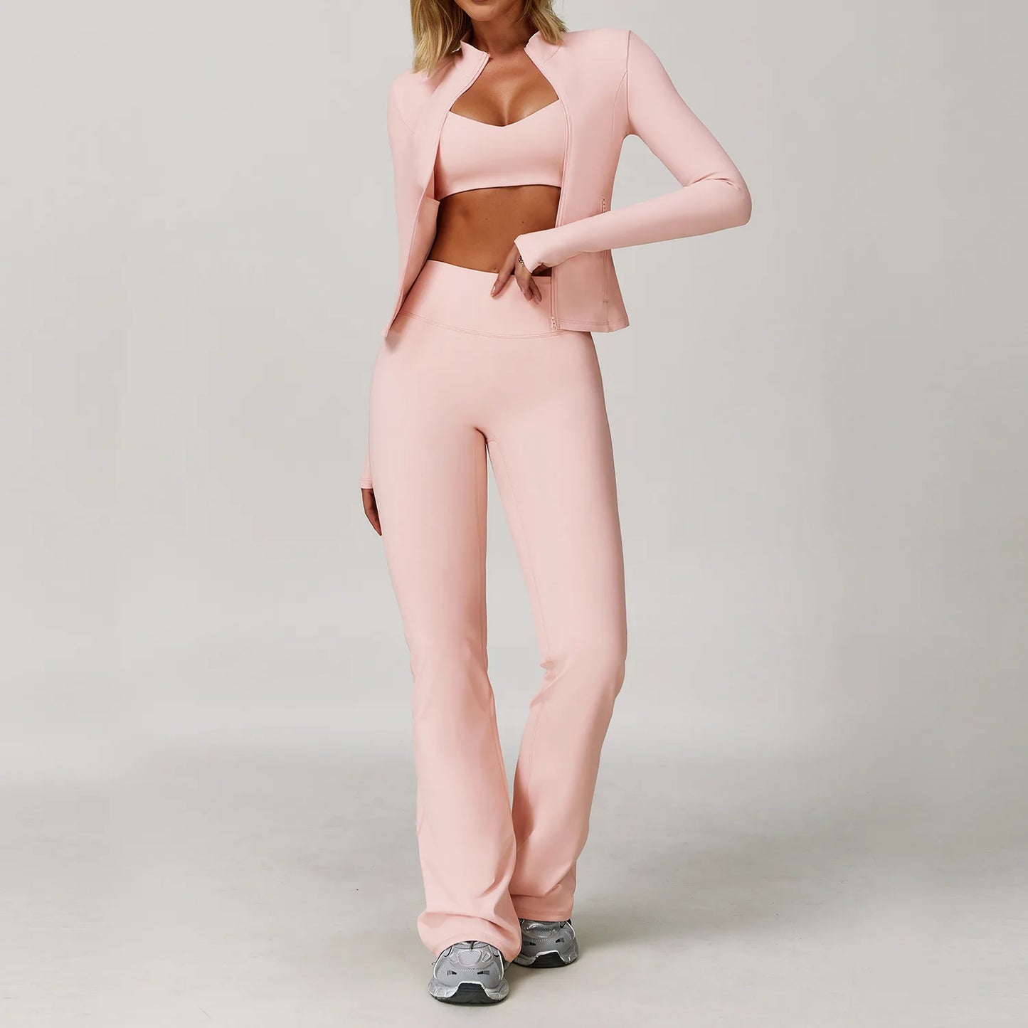 Seamless Yoga Set for Women | Long Sleeve Sports Bra and Leggings Workout Set with Breathable Stretch Fabric Peach powder 3PCS-1