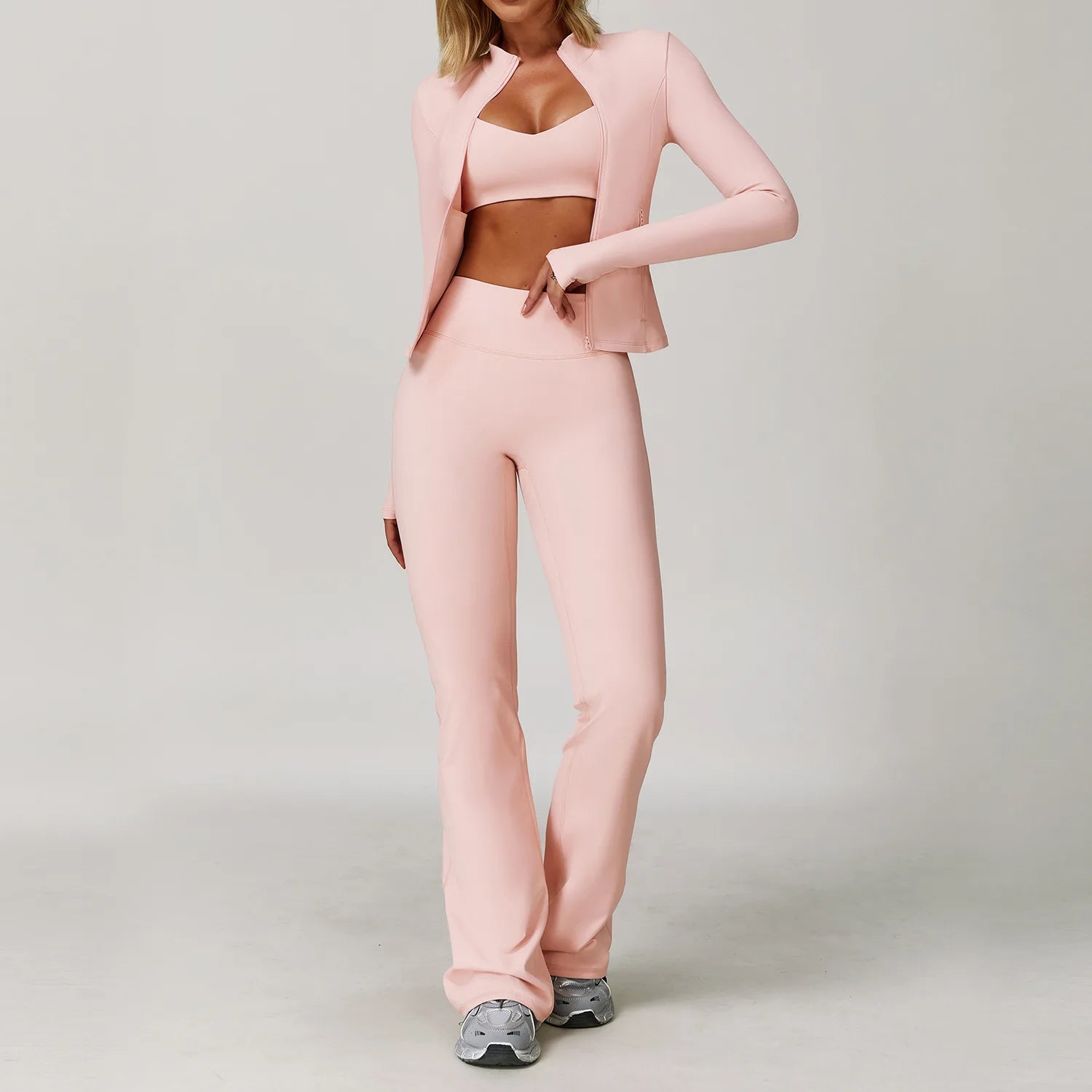 Seamless Yoga Set for Women | Long Sleeve Sports Bra and Leggings Workout Set with Breathable Stretch Fabric Peach powder 3PCS-1