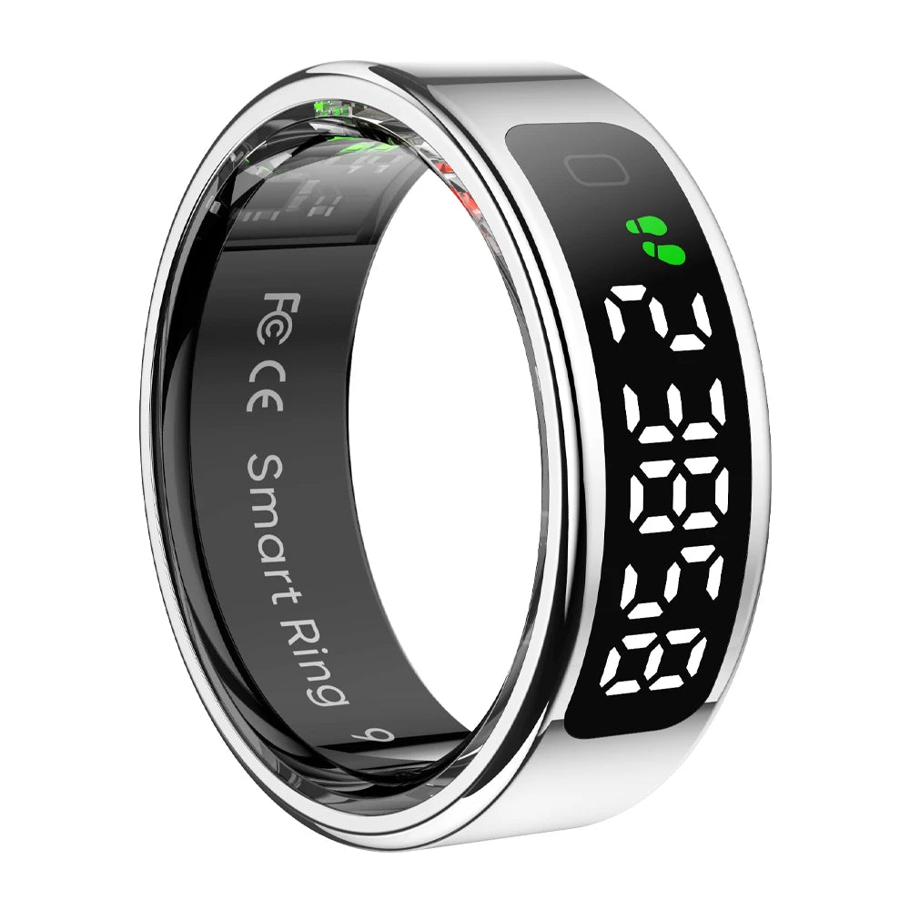 Smart Fitness Ring with OLED Display | Heart Rate, SpO₂, Sleep, Stress & Activity Tracking, 5ATM Waterproof and Wireless Charging Silver