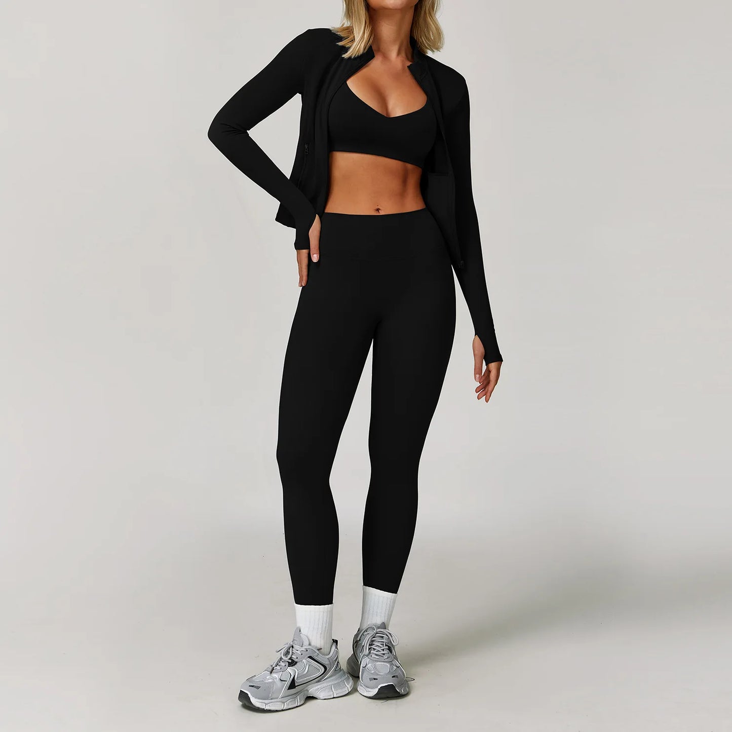 Seamless Yoga Set for Women | Long Sleeve Sports Bra and Leggings Workout Set with Breathable Stretch Fabric Black 3PCS-3