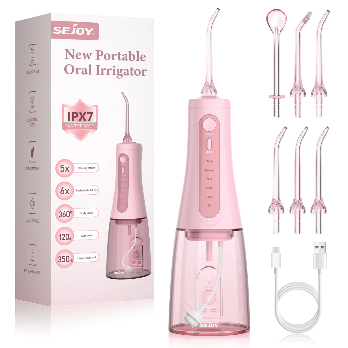 Cordless Water Flosser with 350 ml Tank, 5 Modes and USB-C Charging Pink