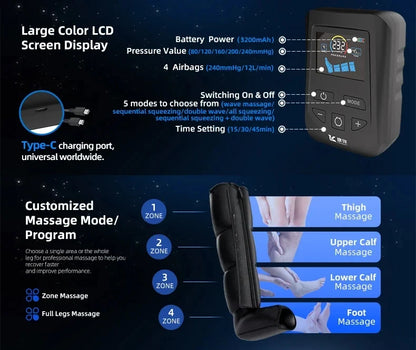 Air Compression Recovery Boots | 4-Chamber Leg Massager with 30–240 mmHg, 5 Intensities, LCD Timer & Rechargeable Battery