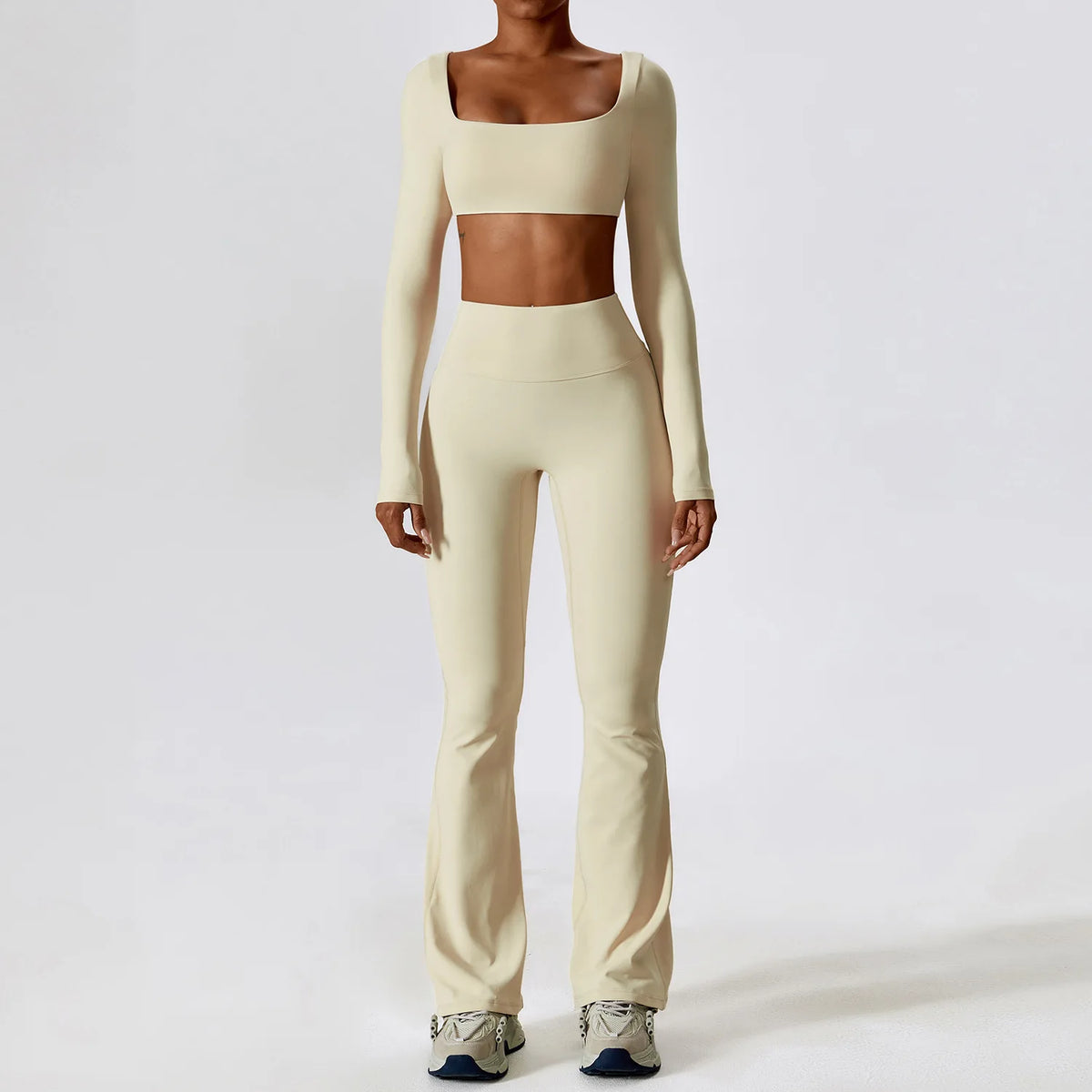 Women's Flared Yoga Pants Sets with Crop Top or Tank Oat Apricot Set-3