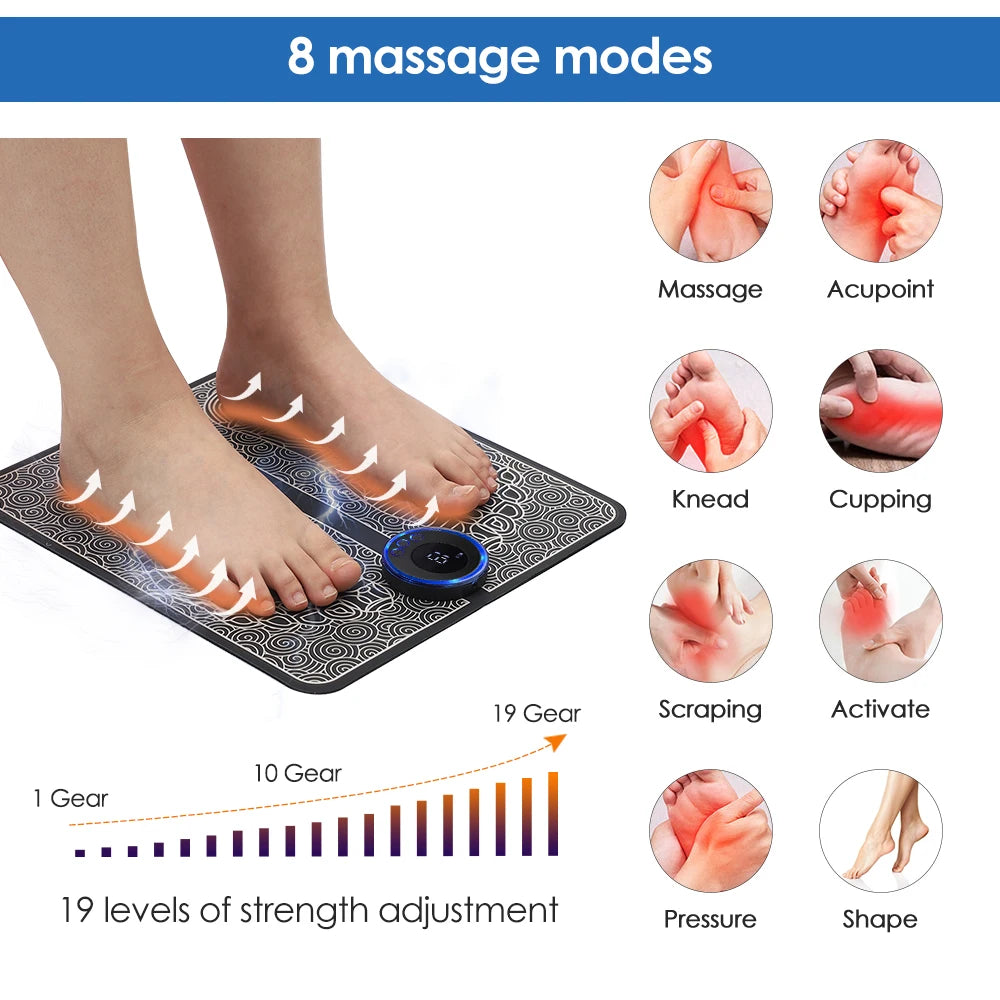 EMS and TENS Foot Massager Mat | 6 Modes, 9 Intensity Levels, Full-Foot Stimulation & USB Rechargeable Control