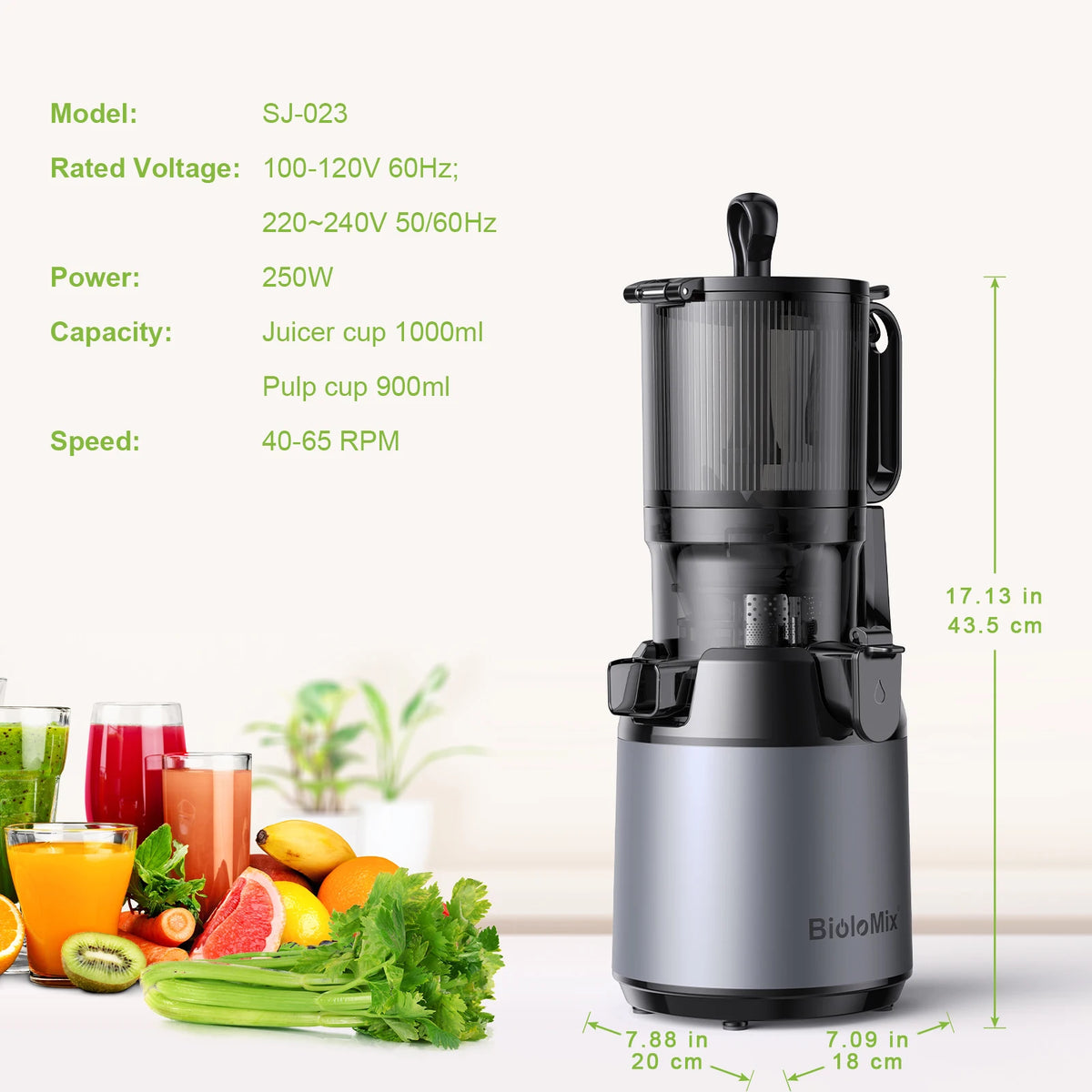 Cold Press Masticating Juicer with 5.1-Inch Wide Chute and Triple Mesh Filtration