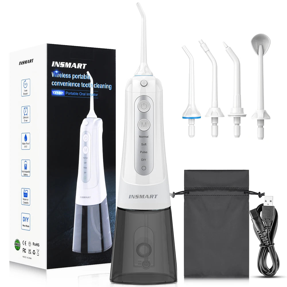 Cordless Water Flosser | Portable Oral Irrigator for Teeth & Gums | Rechargeable, IPX7 Waterproof, 4 Modes, 5 Tips | Deep Dental Cleaning Device White Grey