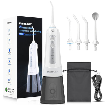 Cordless Water Flosser | Portable Oral Irrigator for Teeth & Gums | Rechargeable, IPX7 Waterproof, 4 Modes, 5 Tips | Deep Dental Cleaning Device White Grey