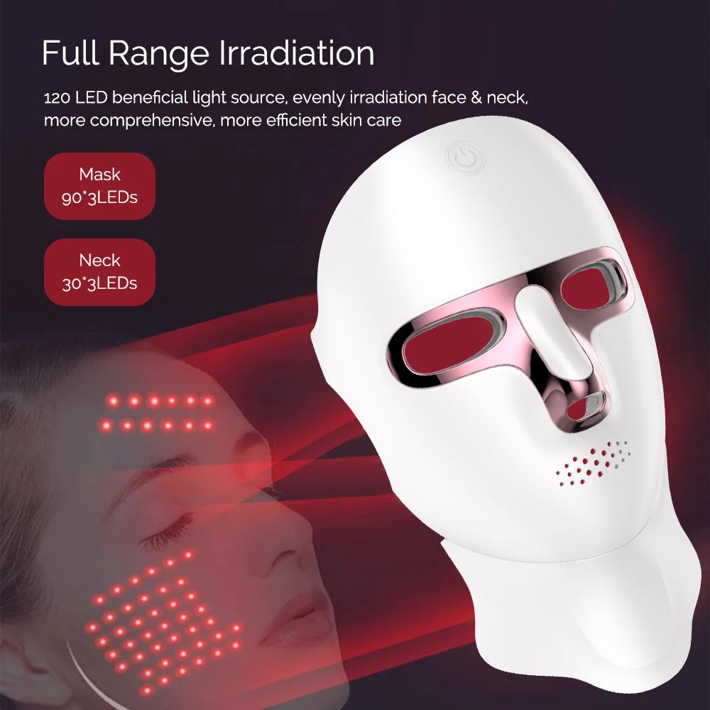 LED Face Mask with Neck Light Therapy | 7-Color Wireless Red Light Therapy Mask with 120 LEDs for Wrinkles & Acne Care