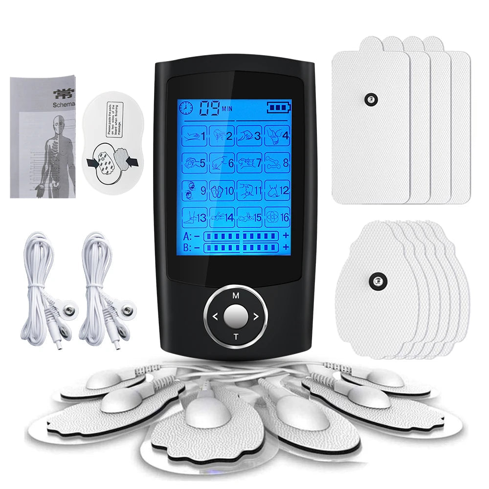 Portable TENS & EMS Pain Relief Massager | Dual Channel Muscle Stimulator with 16 Modes, 10 Intensity Levels, Rechargeable for Back & Neck Pain Black